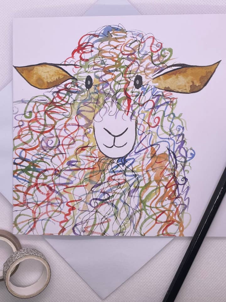 Tarjeta de felicitación con diseño de acuarela con diseño de oveja arcoíris rizada para venta al por mayor de Elizabeth Amy Art