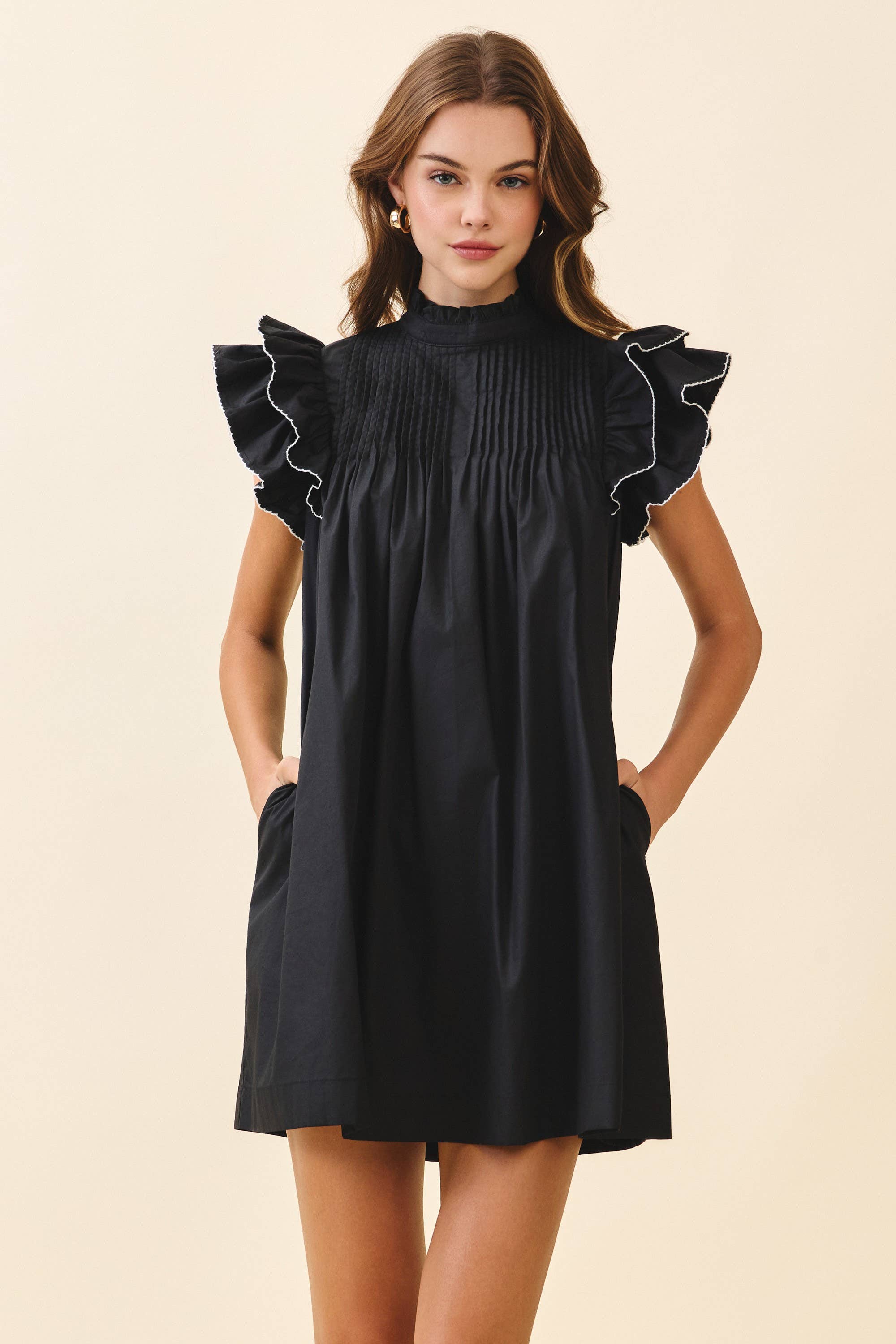 TCEC - Wholesale Dress - Women's - CD06395-Back Button Down High Neck Babydoll Mini Dress0