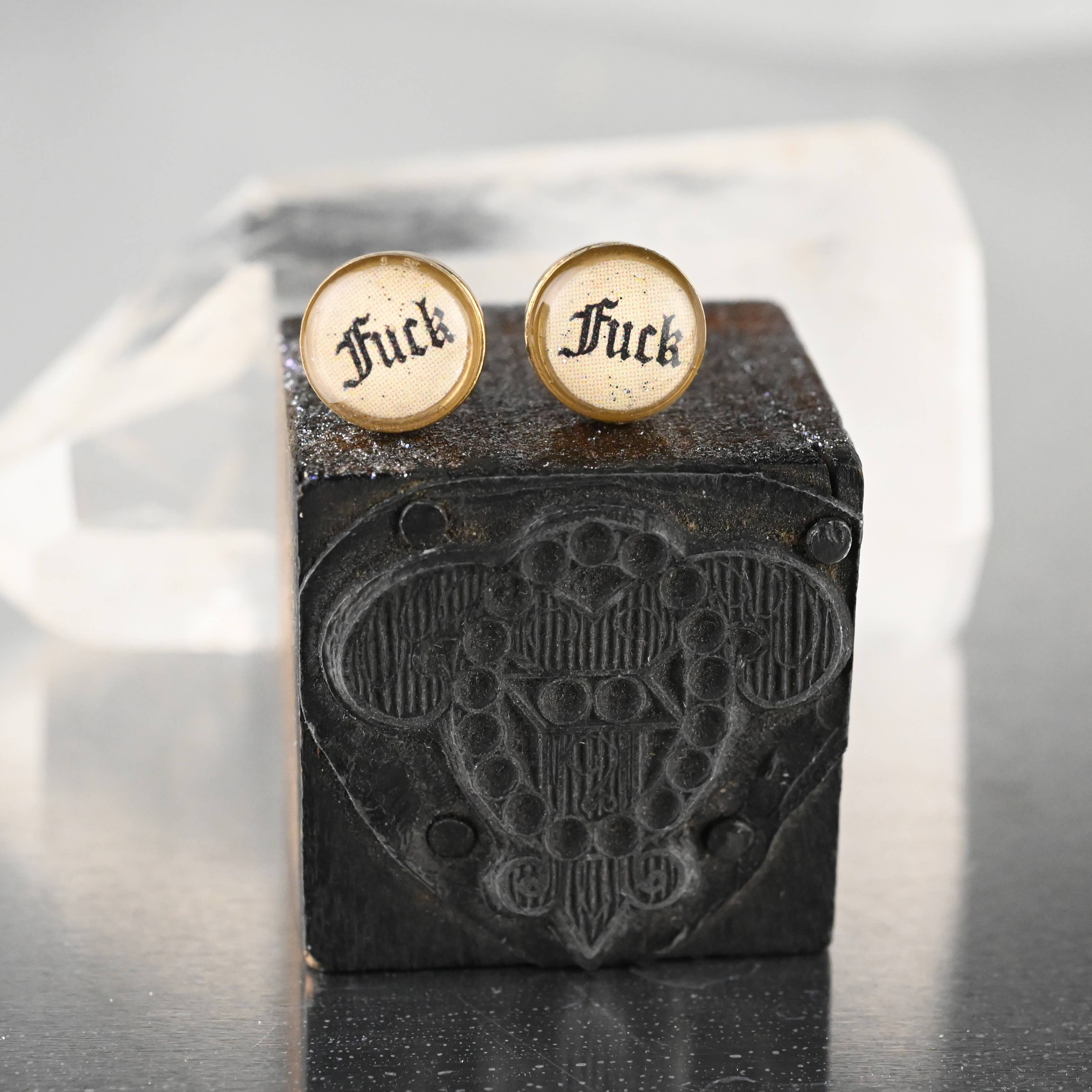 KBD Studio - Wholesale Stud/Post Earrings - Tiny Picture Studs (Gothic Font Fuck)1