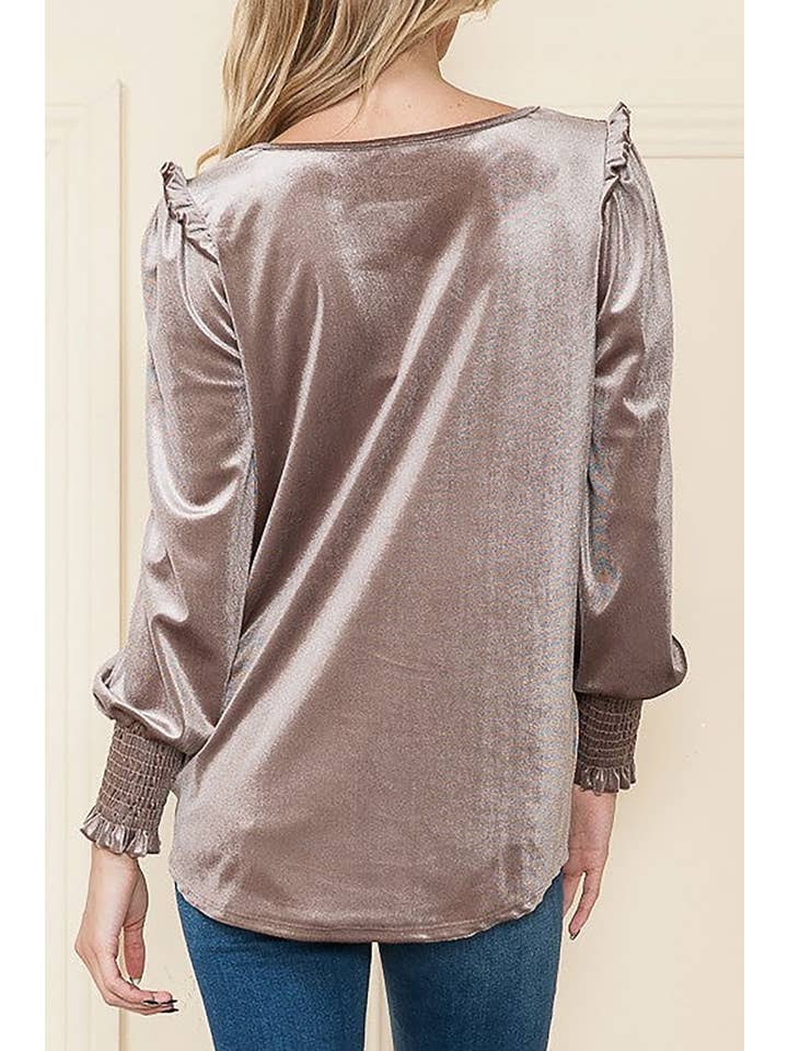 ROUSSEAU - Wholesale Blouse - Women's - VELVET RUFFLED LONG SLEEVES TOP