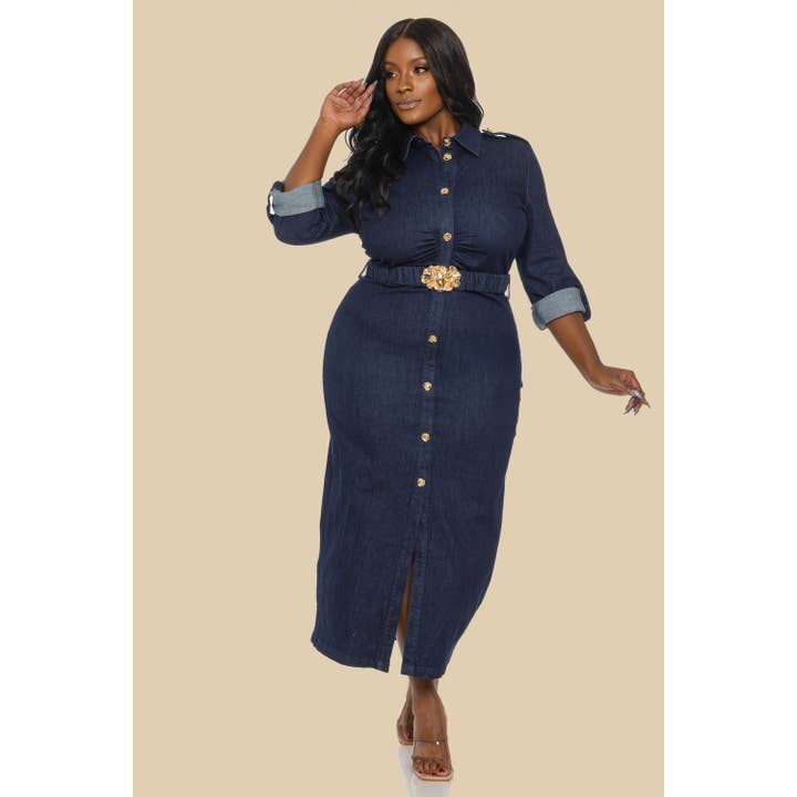 PLUS SELF COVERED ELASTIC BELT LSV MIDI STRETCH DENIM DRESS for wholesale by The Sang