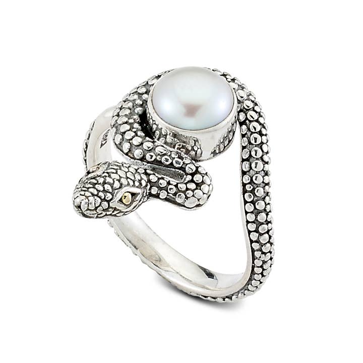 Eli Pebble – Anel de cocktail/declaração por atacado – Anel de cobra de pérola branca ss/18k