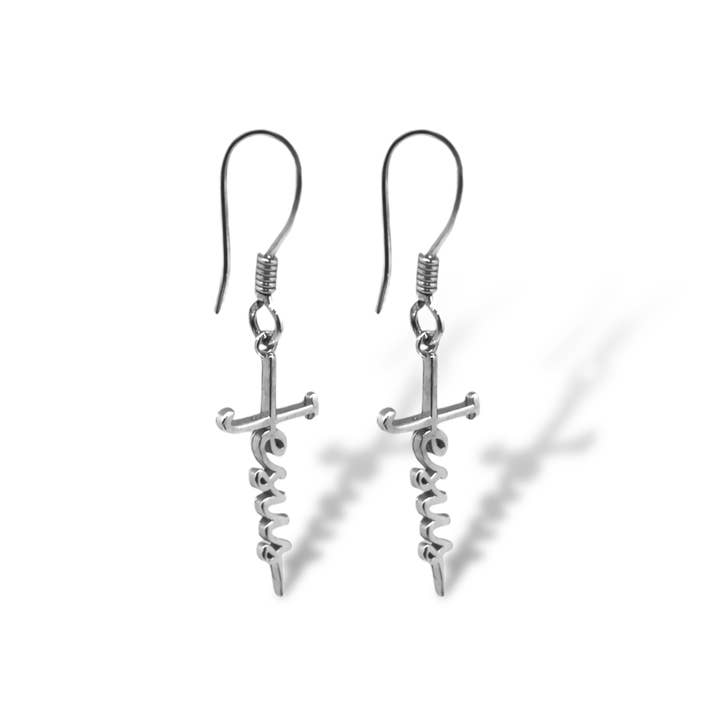 Atlanta Jewelers Supply - Wholesale Dangle Earrings - Sterling Silver "Jesus" Cursive Cross Earrings1