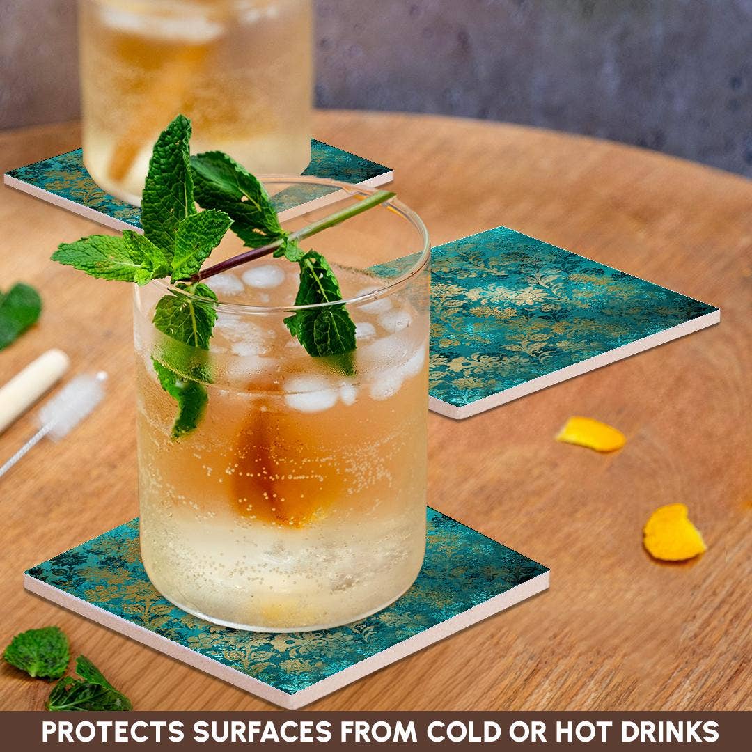 3dRose - Wholesale Coasters - 3dRose, Teal Green and Image Of Gold Art Nouveau Floral Pattern, Coaster2