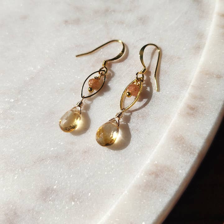 Citrine and Sunstone Dainty Gold Marquis Earrings for wholesale by Edgy Petal Jewelry