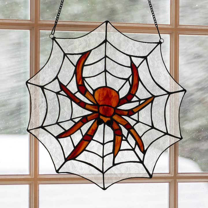 12"H Halloween Spider Web Stained Glass Window Panel for wholesale by River of Goods