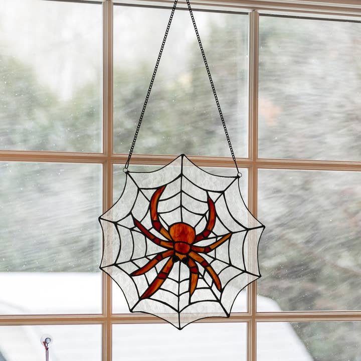 Panneau de fenêtre en vitrail toile d'araignée d'Halloween de 12" de hauteur pour la vente par River of Goods