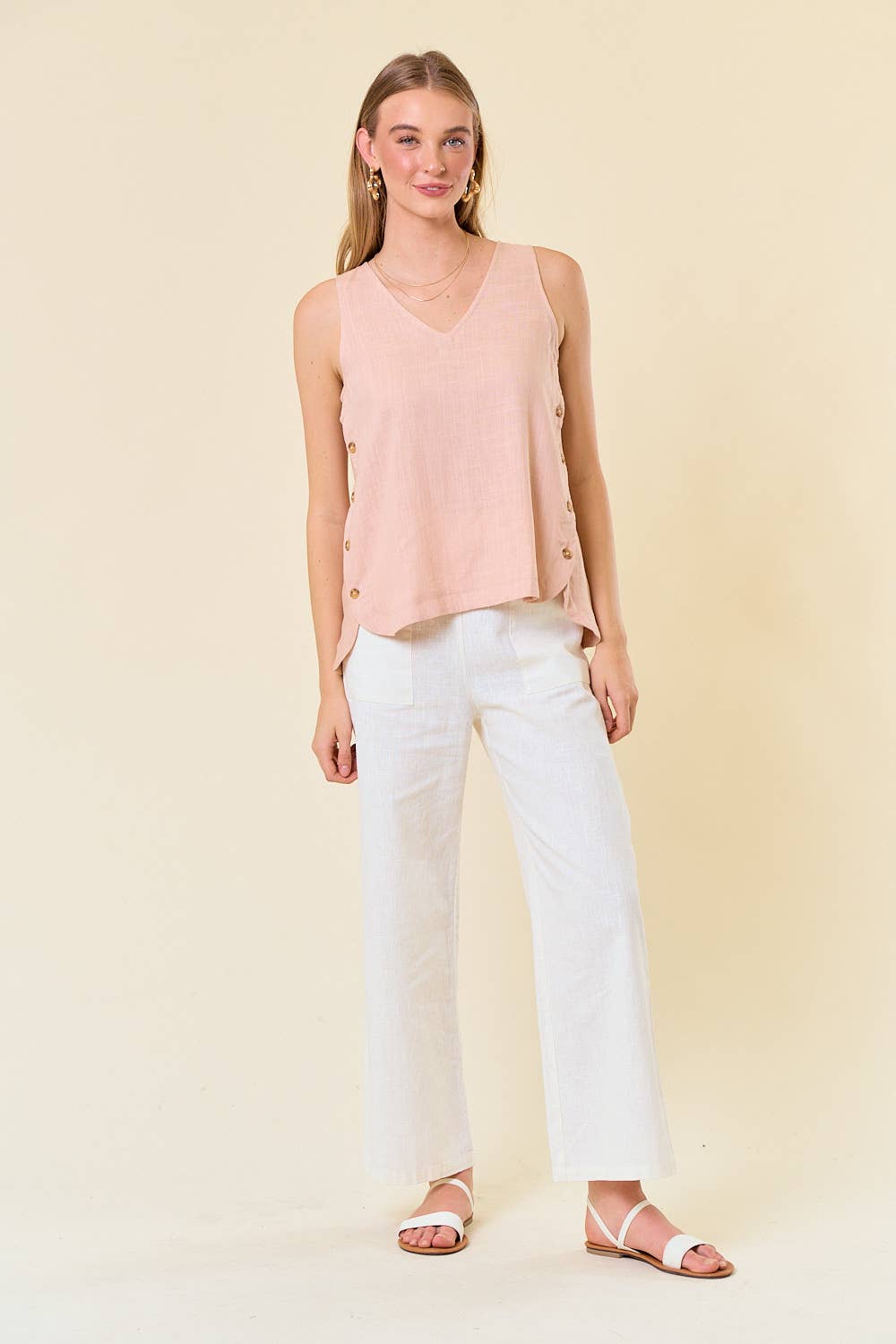 Peach Blush Double V-neck Top With Side Placket - 40573T for wholesale on Faire4