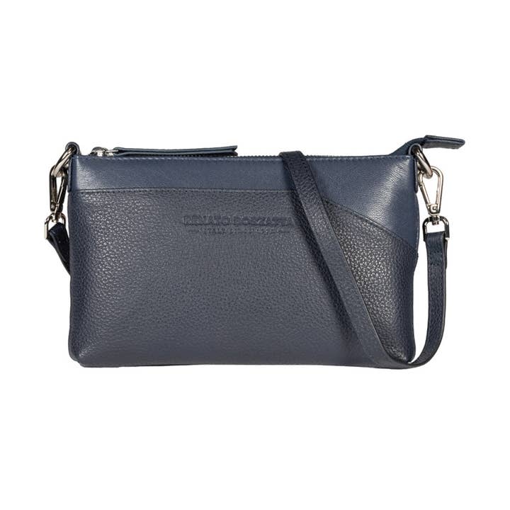RB2003D | Crossbody/Wrist Bag in Full Grain Genuine Leather, dollar/light grain. Removable shoulder strap and handle. Color Blue. Dimensions: cm 22 x 14 x 2.5. Packaging: Non-Woven Fabric Bag for wholesale by Kaili mood / RENATO BORZATTA - Italy since 1978 -