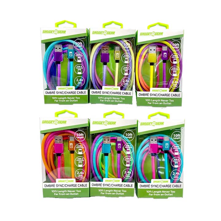 Gadget Gear Ombre USB to USB-C 10ft Charging Cable - 6/Pack for wholesale by Novelty Closeout