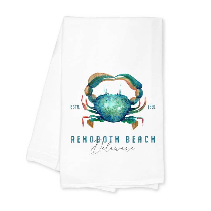 Cotton Tea Towel White-Blue Crab Rehoboth Beach Delaware for wholesale by Love Local