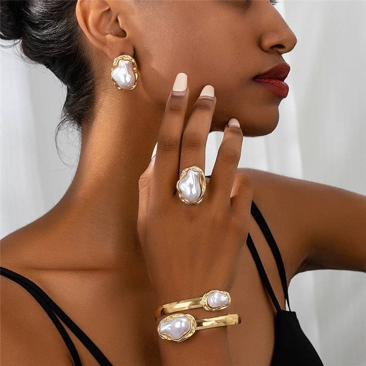 Conjunto de pendientes, anillo y pulsera de perlas simuladas para venta al por mayor de Ekartini