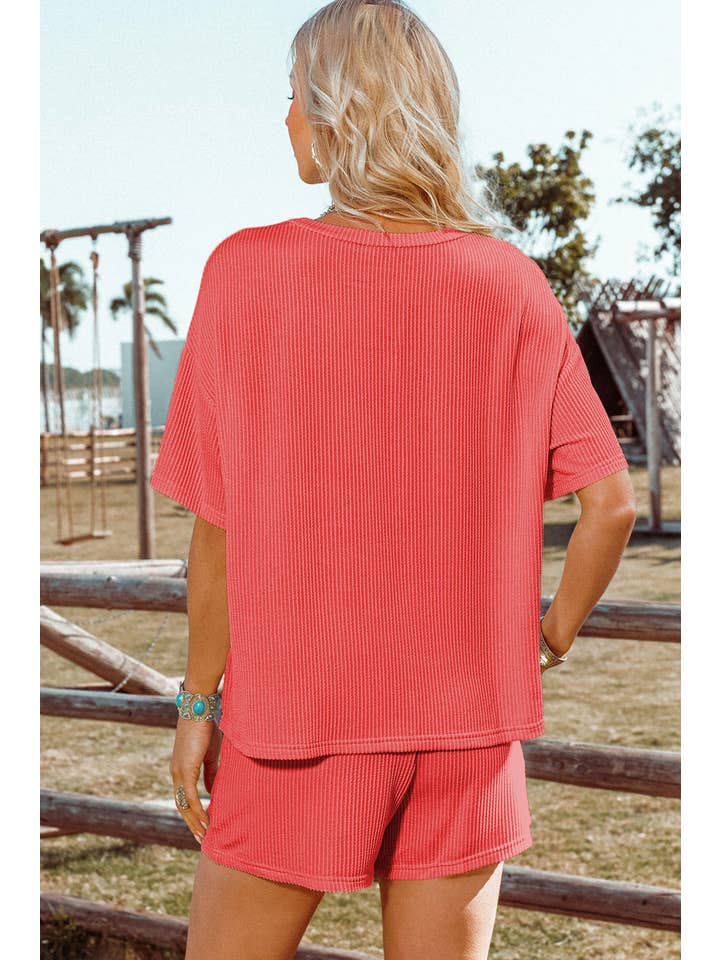 fashionworks - Wholesale Lounge Set - Women's - Fashion-W Ribbed Textured Knit Loose Fit Tee and Shorts Set