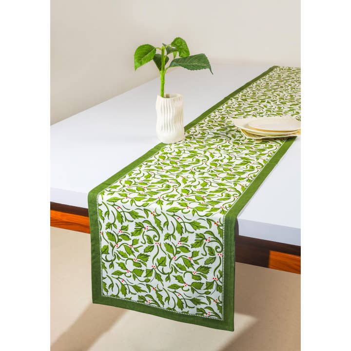 Tiramisu - Wholesale Table Runner - Evergreen Elegance Block Print Cotton Table Runner