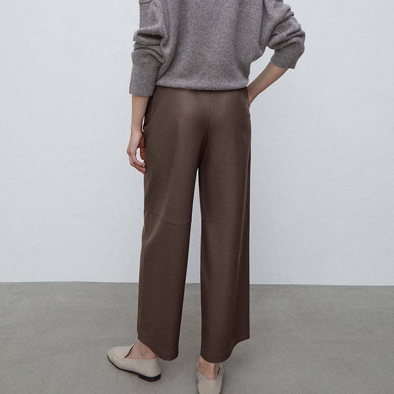 Brown High Waisted Solid Color Straight Leg Faux Leather Pants for wholesale on Faire3