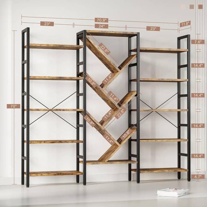 Rustic Brown Triple 5 Tier Wooden Bookcase With Metal Frame for wholesale on Faire1