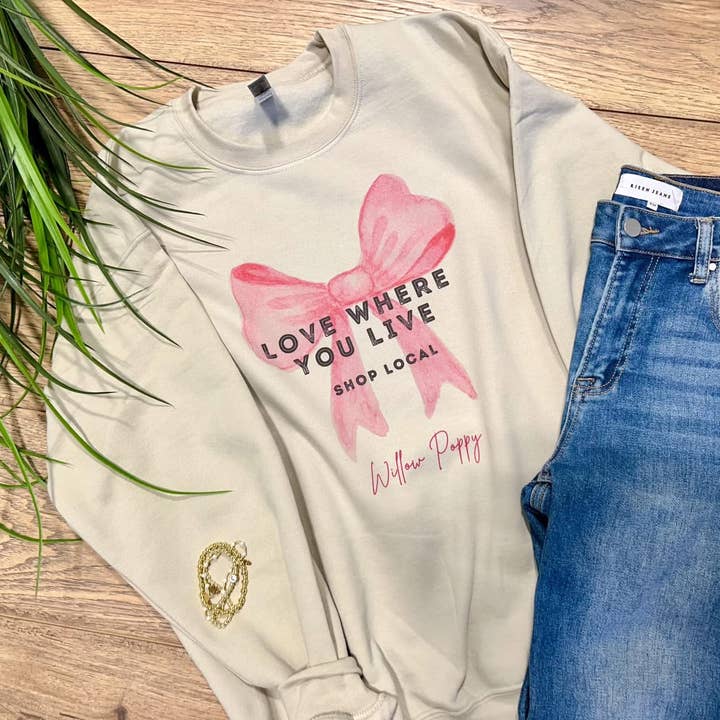 Custom Bow Shop Local Graphic Sweatshirt for wholesale by Willow Poppy