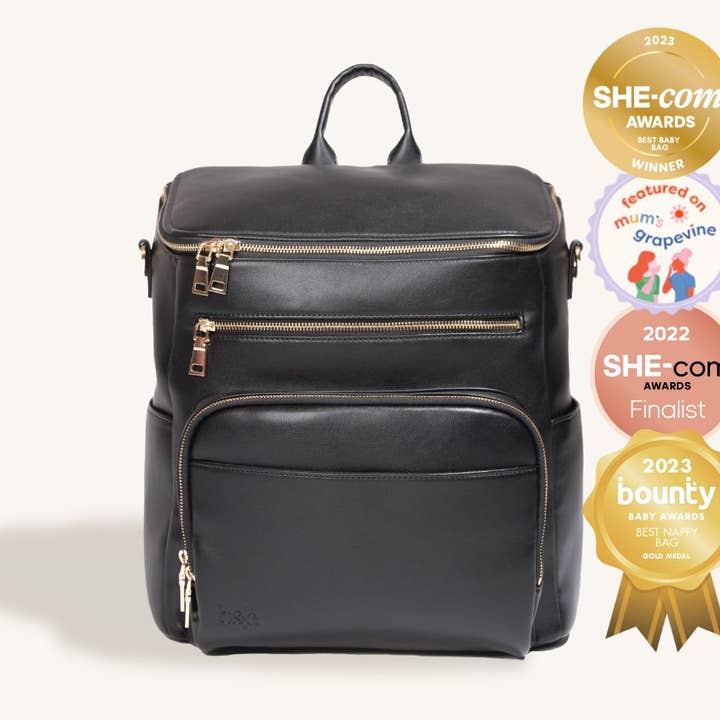 Nappy Bag Backpack in Black & Gold for wholesale by Ben & Ellie Baby