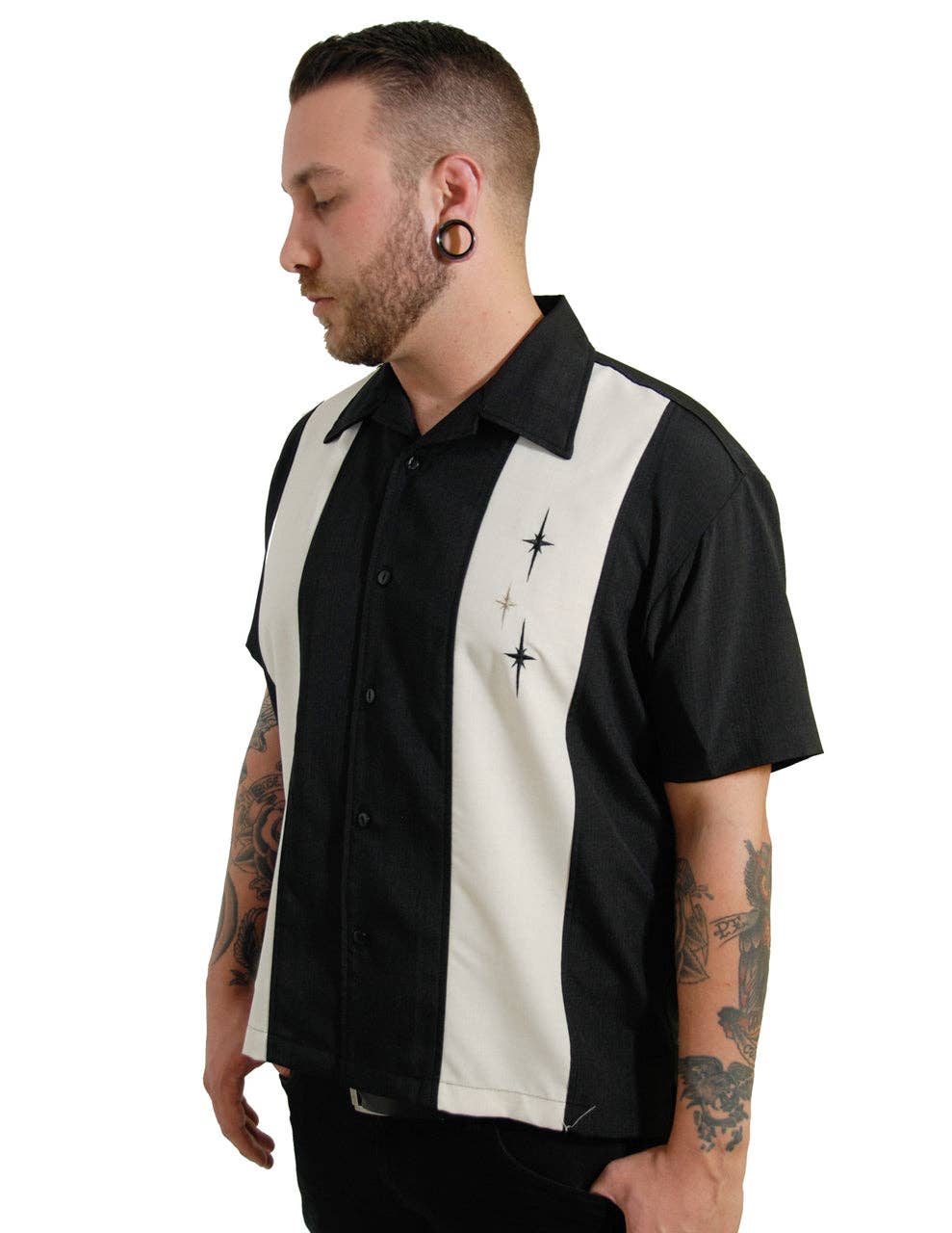 Steady Clothing - Wholesale Button Down Shirt - Men's - Three Star Panel Bowling Shirt in Black6