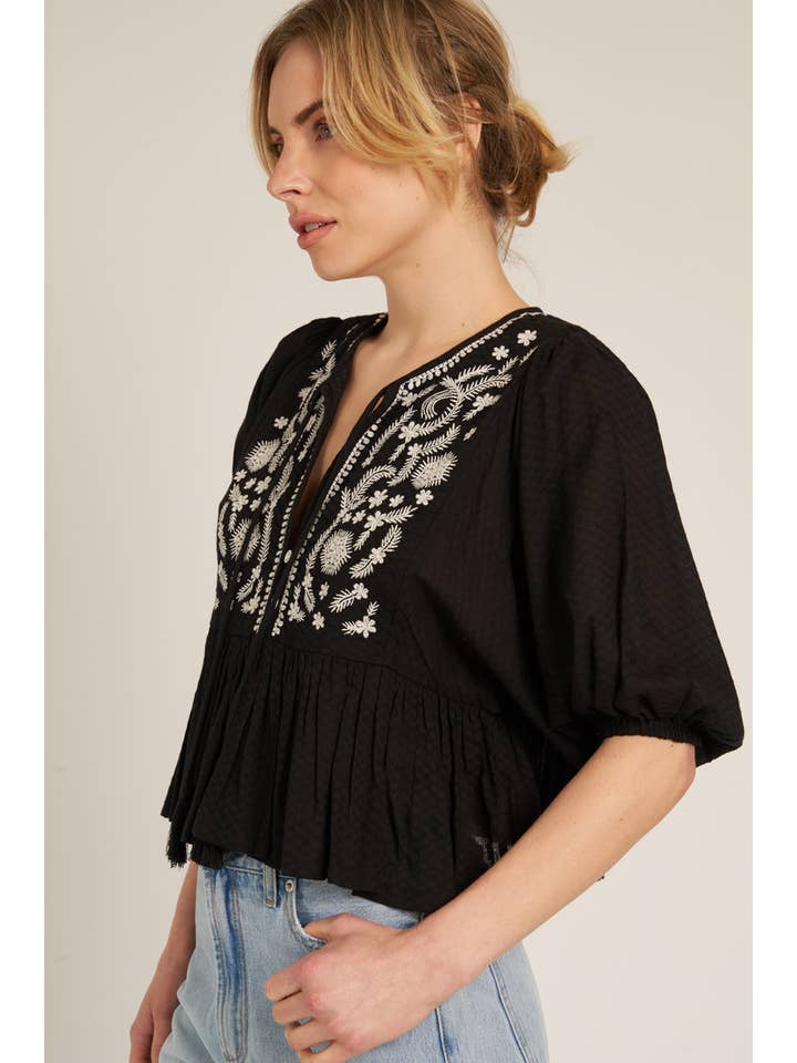 En Crème - Wholesale Blouse - Women's - Puff Sleeve Peplum Top with Embroidery Detail1