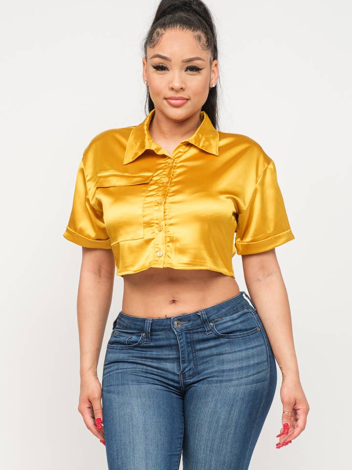 Satin Front Button Down Front Pocket Crop Top for wholesale by Julia by LoveJ