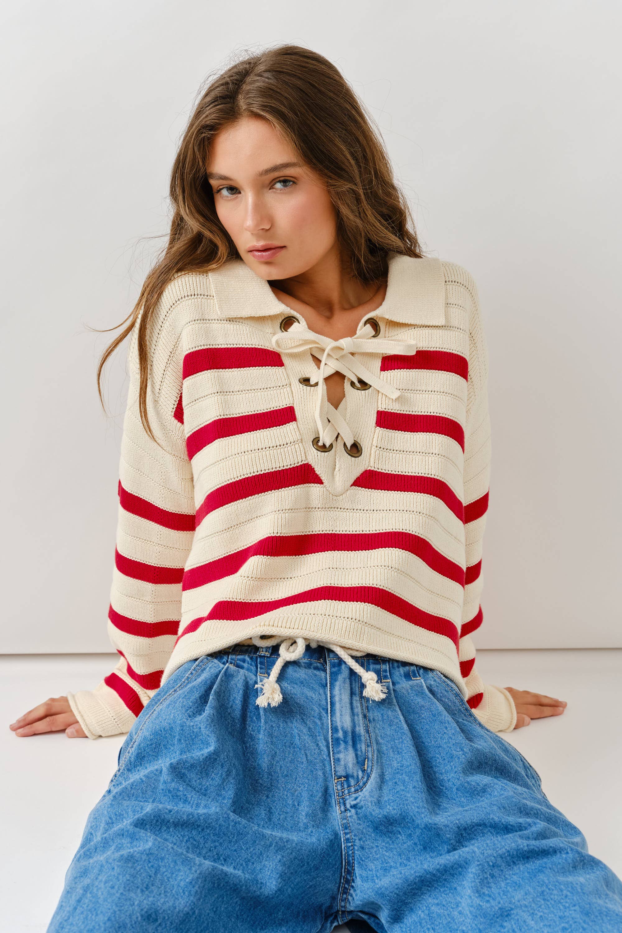 Aaron & Amber - Wholesale Knit Sweater - Women's - AJT5089 LACE UP RELEXED FIT STRIPE SWEATER3