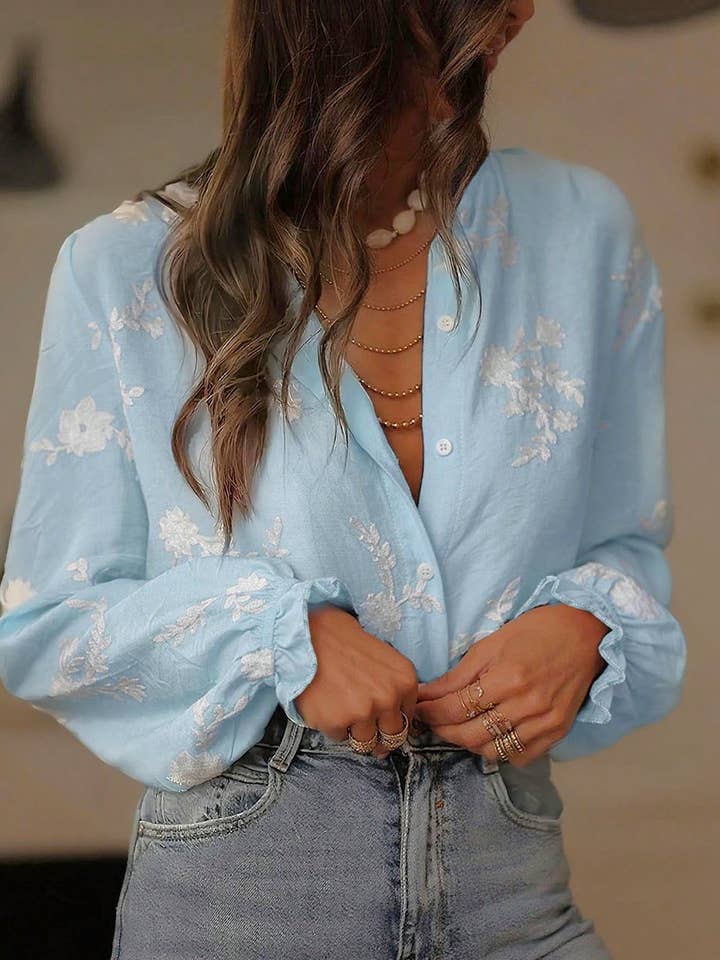 Puff Sleeve Ruffle Collar Embroidered Blouse for wholesale by HIDDENBRAND