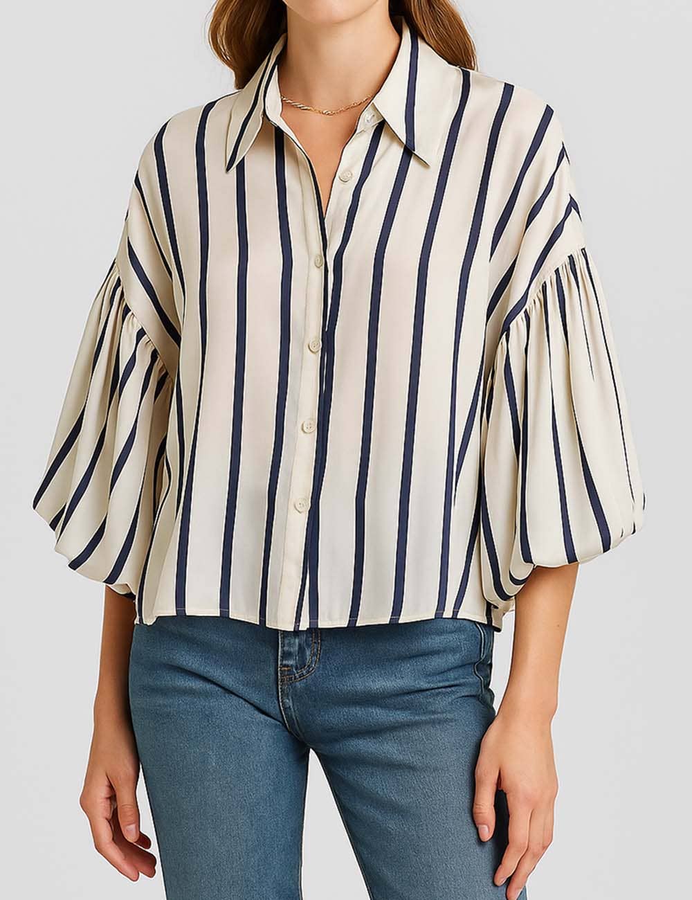 Sweetkama – wholesale Buttoned-down shirt – Women's – Ladies Striped Puff Sleeves Button Shirt SP06824