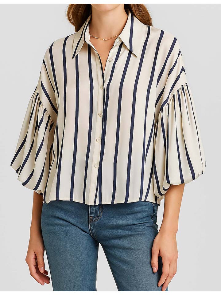 Sweetkama – Großhandel Hemd mit Button-down-Kragen – Damen – Gestreiftes Hemd mit Puffärmeln und Knöpfen für Damen SP0683