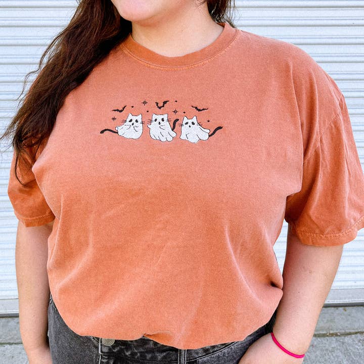 Embroidered Ghost Cat Tee for wholesale by Bag It Up Boutique