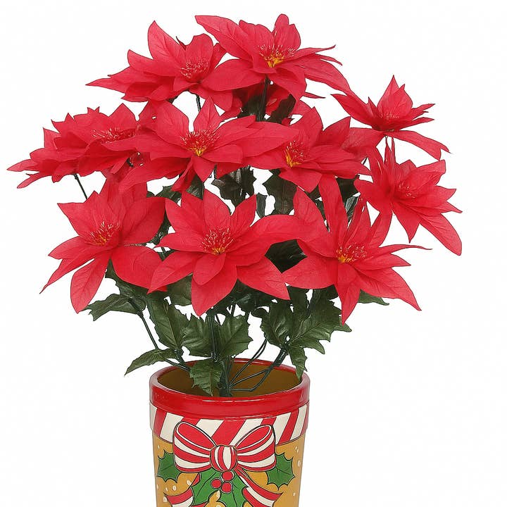 Larksilk - Wholesale Artificial flowers - 18" Red Poinsettia Bush Waterproof 14 Bloom Stems 2 Pieces1