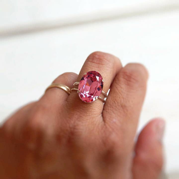 Love Your BlingĀ® - Wholesale Cocktail/Statement Ring - Pink crystal oval ring1