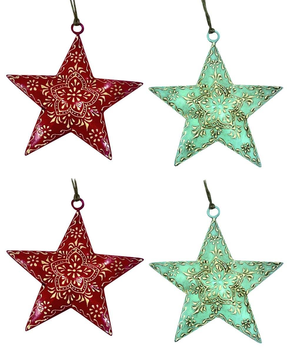 Status Collections - Wholesale Ornament set - S/4 Embossed Stars Red /Turquoise