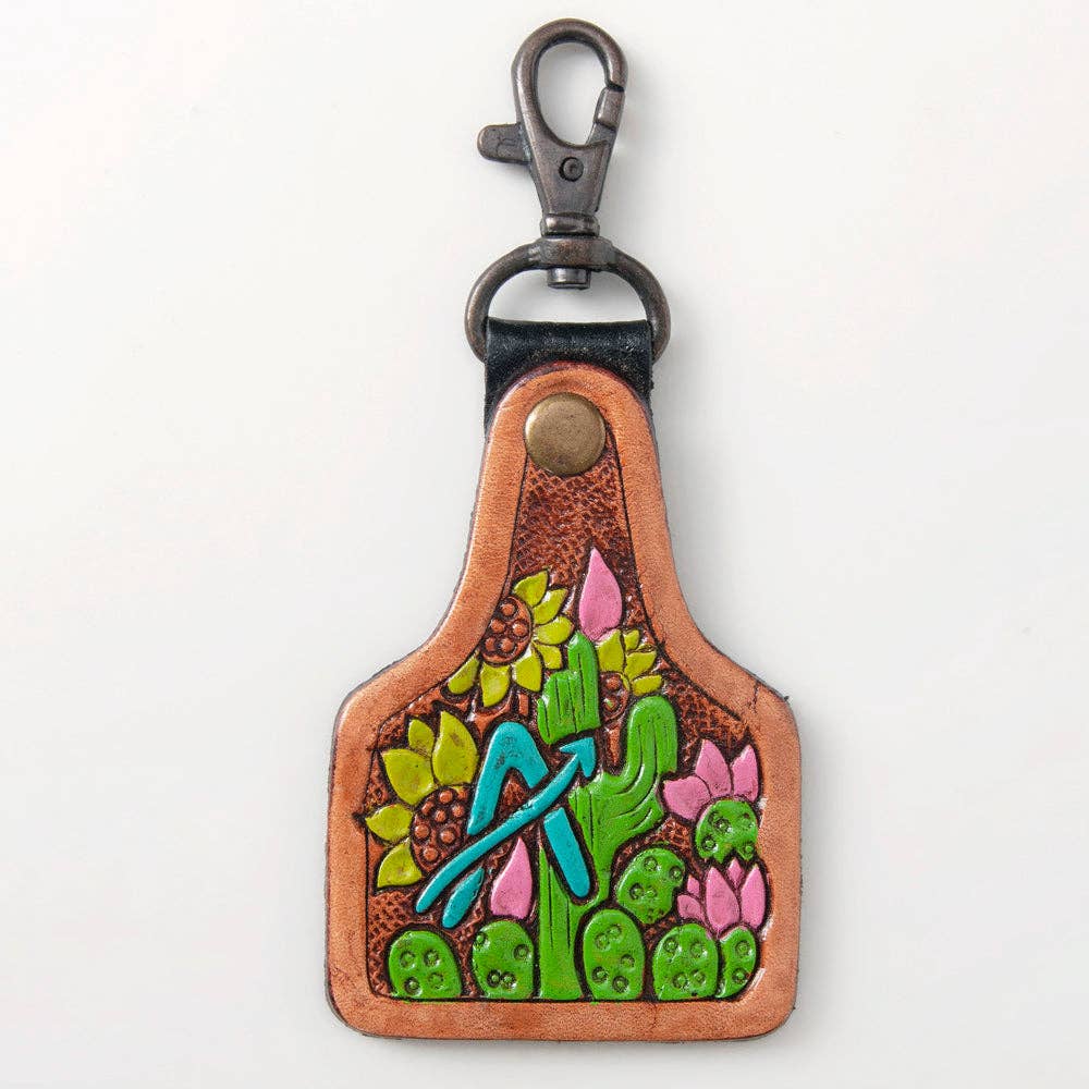 LS Western - Wholesale Keychain - Unisex - LC-ADKR213 Hand-Tooled Western Leather Keyring   Cactus & Sunflower with Pink Blooms0