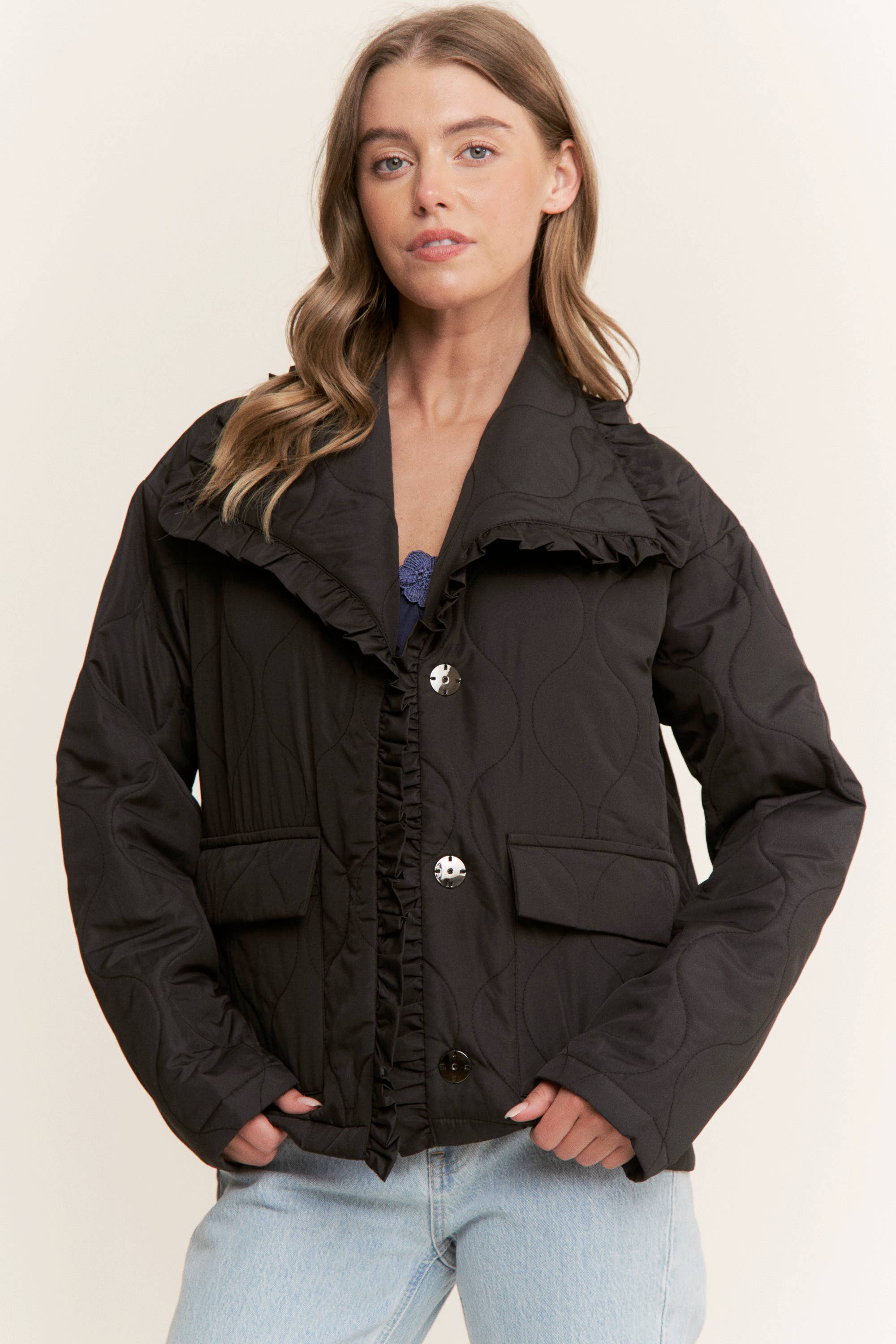 Sweet Generis - Wholesale Jacket - Women's - RUFFLE EDGE DETAIL QUILTED LOOSE FIT JACKET11