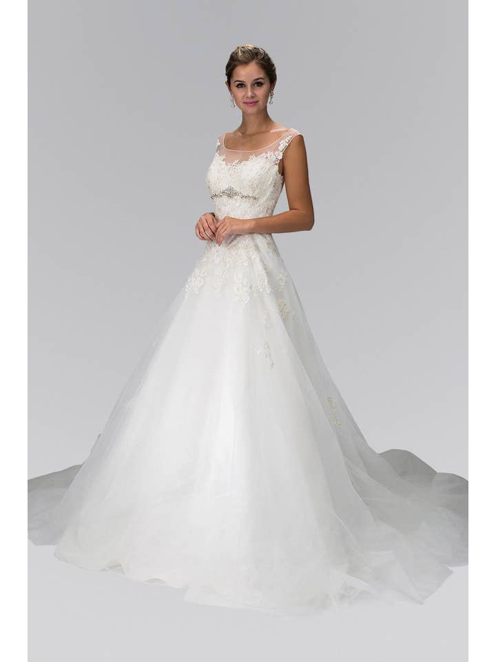 Ivory A-Line Wedding Dress with Sheer Yoke Neckline for wholesale on Faire