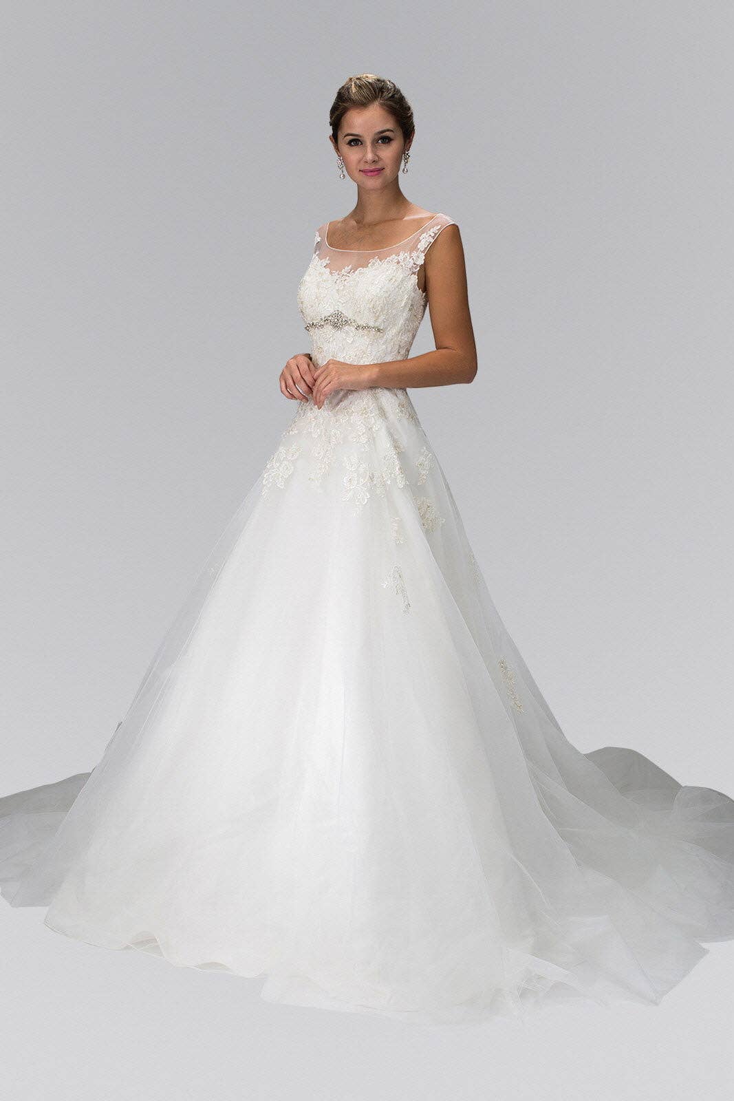 Ivory A-Line Wedding Dress with Sheer Yoke Neckline for wholesale on Faire