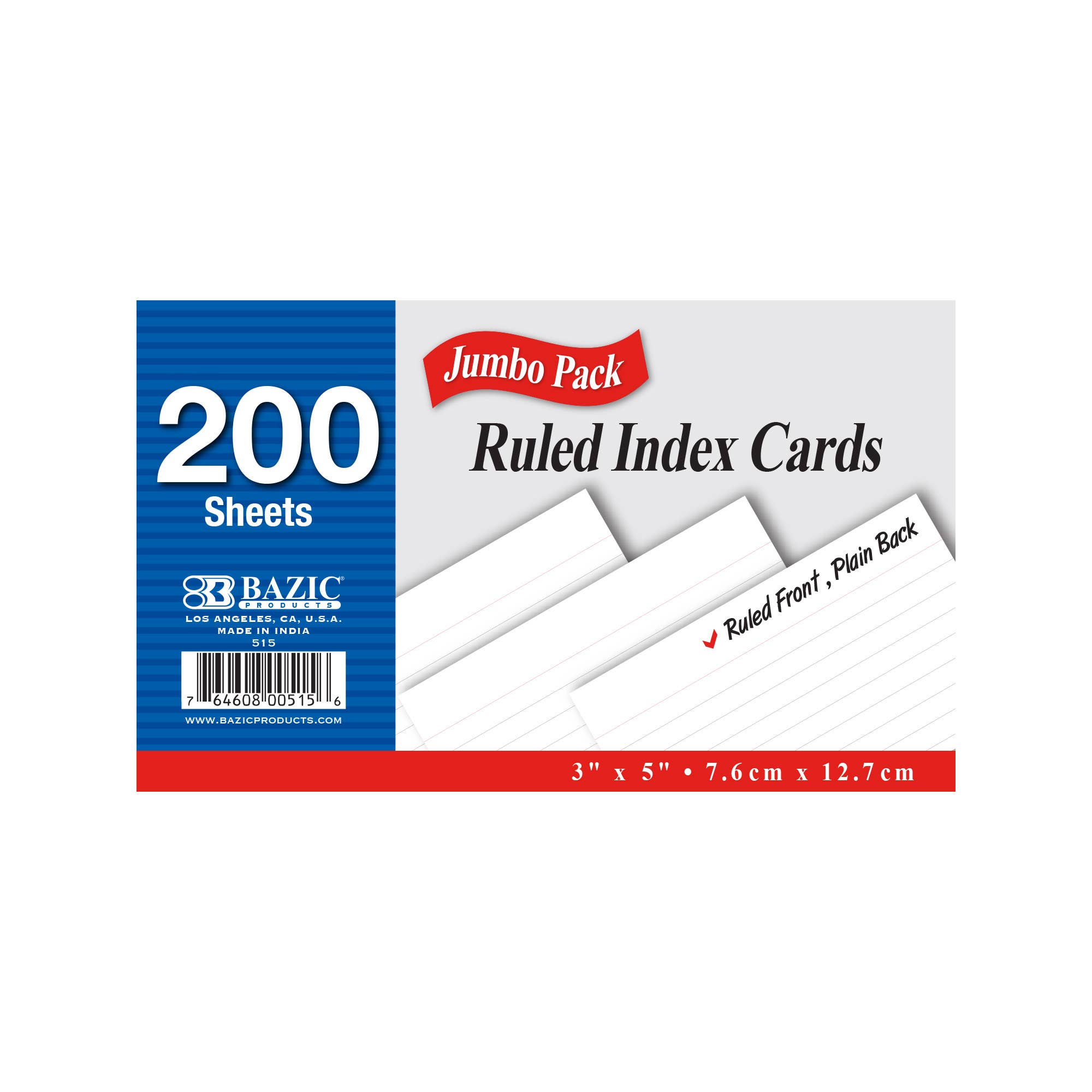 BAZIC Products - Wholesale Stationery/Notecard Set - Ruled White Index Card 3" X 5" 200 Ct.