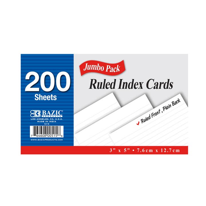 BAZIC Products - Wholesale Stationery/Notecard Set - Ruled White Index Card 3" X 5" 200 Ct.0