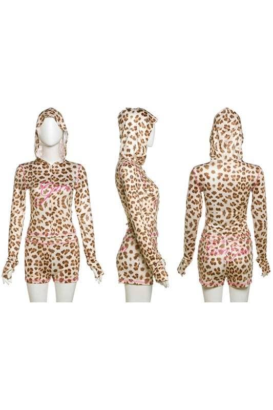 KAKI ensemble de survêtement à capuche et short imprimé léopard en vente sur Faire7