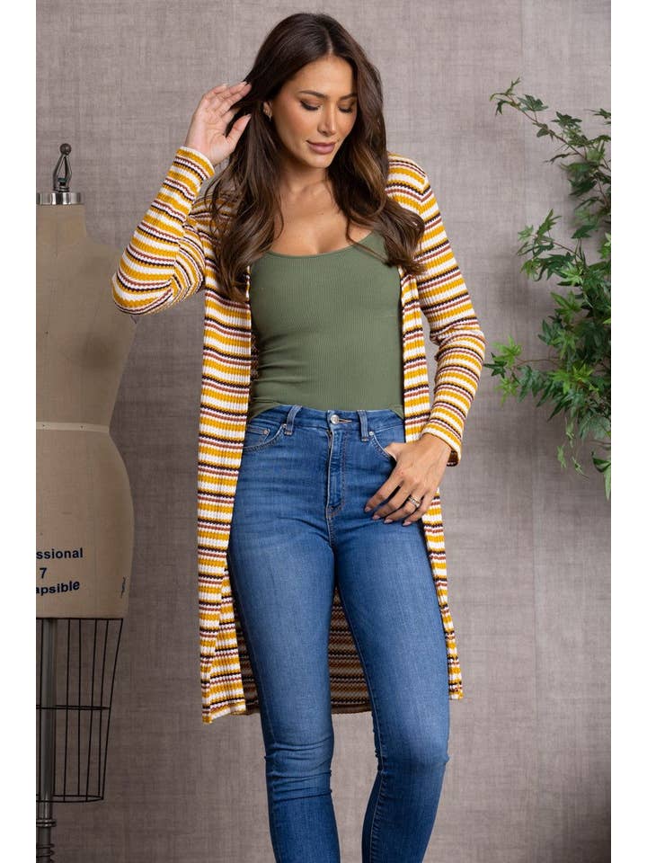 SENAPE CARDIGAN LUNGO IN MAGLIA CON APERTURA FRONTALE A RIGHE SENAPE - L4642 in vendita all'ingrosso su Faire