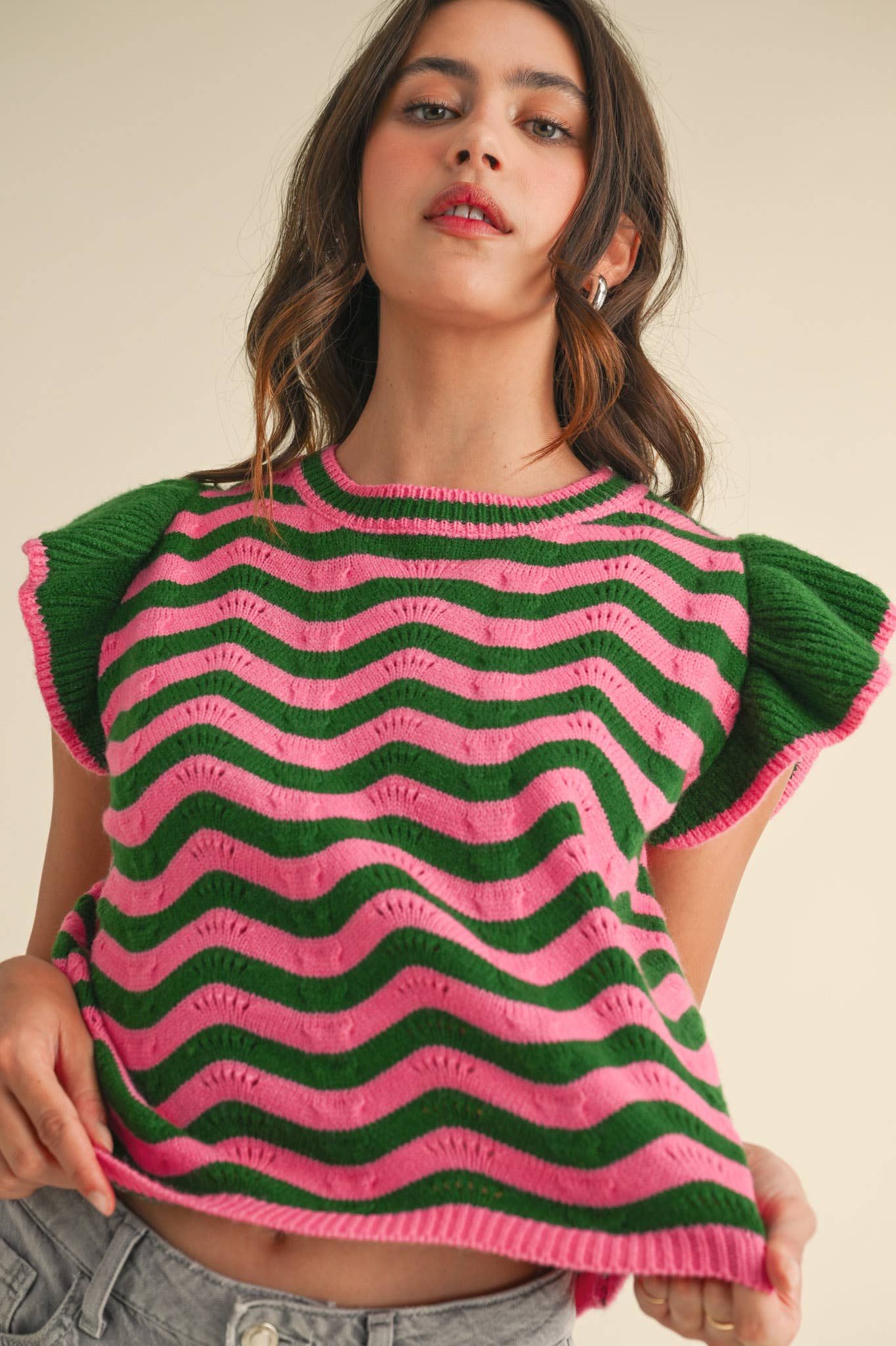 &MERCI - Wholesale Knit Sweater - Women's - WAVY STRIPES FLUTTER SLEEVE SWEATER TOP MSW1050935