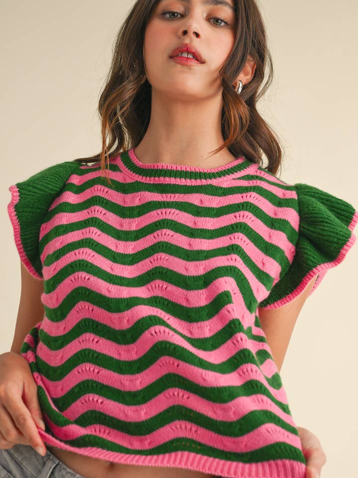 &MERCI - Wholesale Knit Sweater - Women's - WAVY STRIPES FLUTTER SLEEVE SWEATER TOP MSW1050935