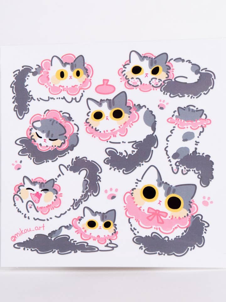 Sticker Sheet | Fluffy Cat "Bean Bun" | 5.5x5.5 inch | Waterproof, and Fade-Resistant | Gift for Cat Lovers | Mikou Original Art for wholesale by MikouArt
