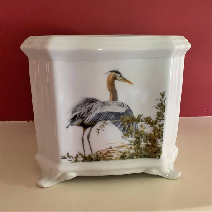 MacHatton & Hall, LLC - Wholesale Plant Pot - Blue Heron Cache Pot, 7" Square, Porcelain Planter