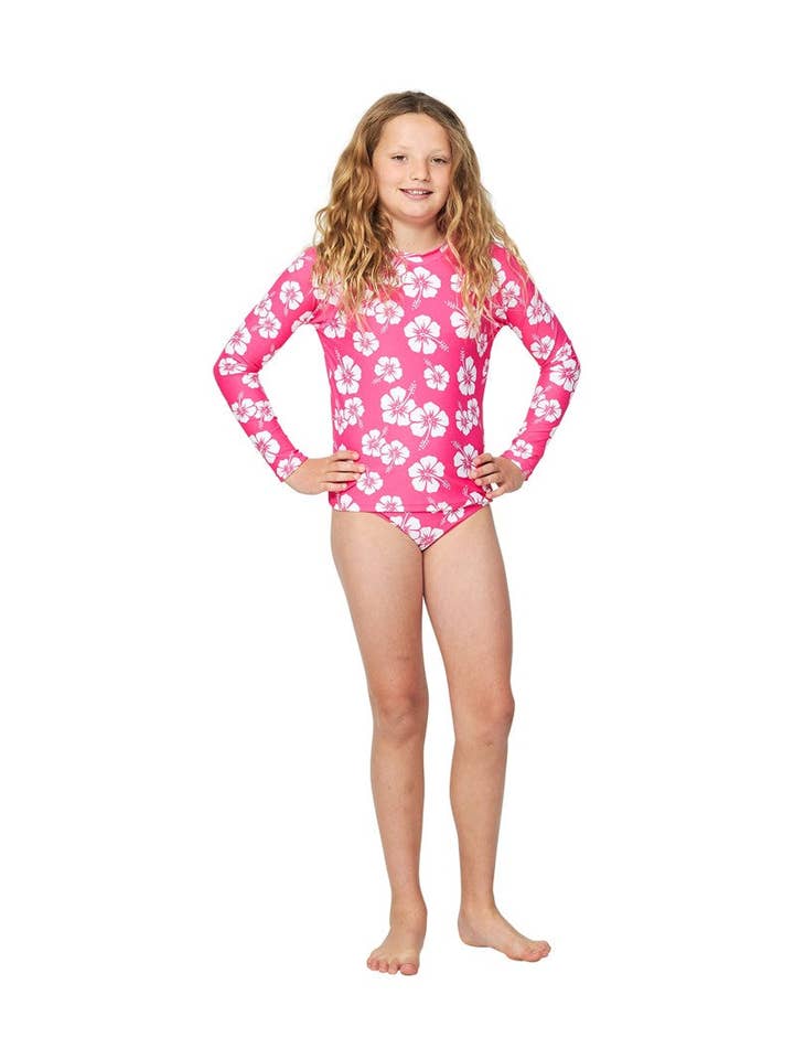 Okanui - Wholesale Rash-guard – Kids - Girls - Swim Long Sleeve Rashie - Hibiscus Hot Pink5