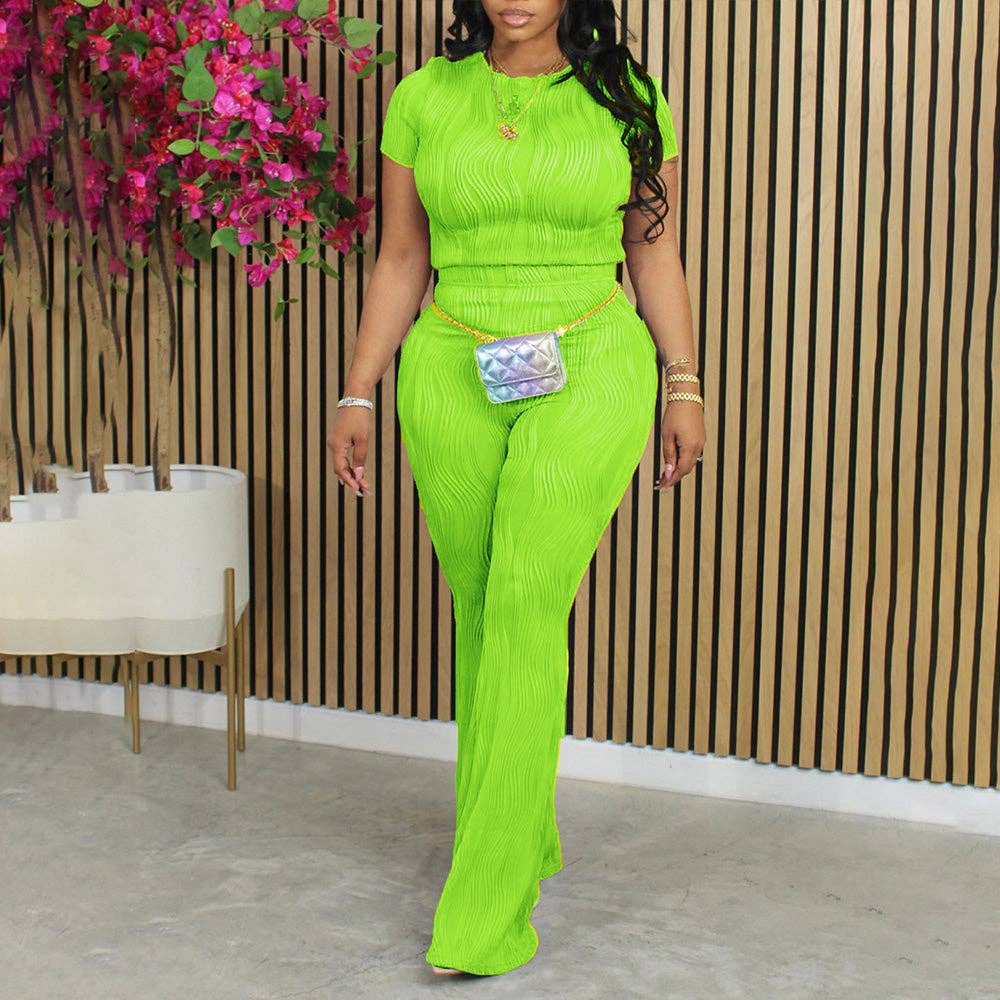 MB Fashion Wholesale - Wholesale Top & Pant Set (NOT Loungewear) - Women's - MB FASHION Wavy Textured Short-Sleeve Top Pants Set 272LY1