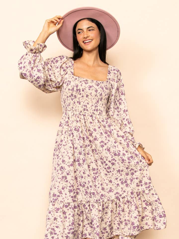 Elloh Collection - Wholesale Dress - Women's - Vintage Floral Smocked Long Sleeve Midi Dress with Pockets