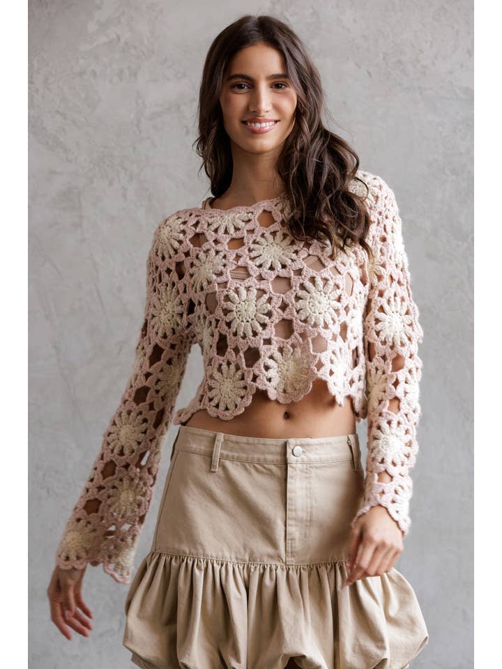 STORIA - Wholesale Knit Sweater - Women's - JT4104-1-CROCHET FLOWER LONG SLEEVE CROP TOP8