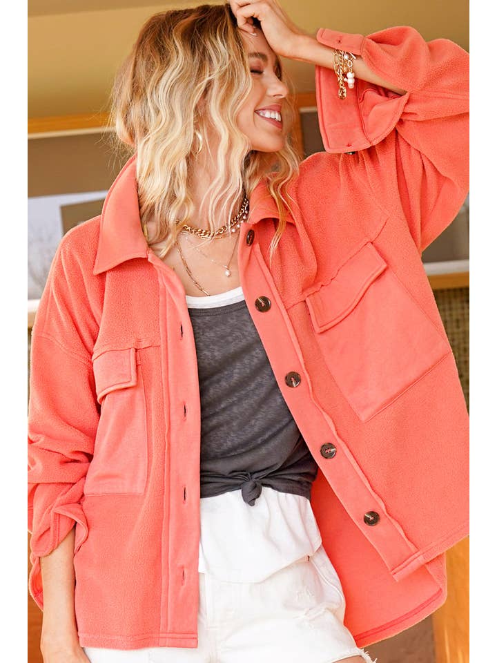La Miel - Wholesale Shirt Jacket/Shacket - Women's - HAJ1726-Loose Fit Button Down Long Sleeve Fleece Shacket